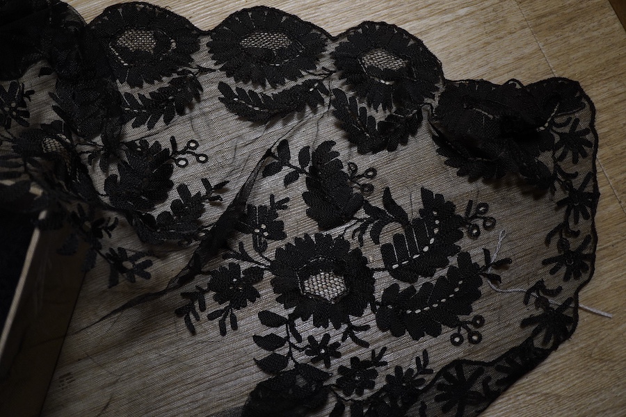 A pair of Chinese silk embroidered sleeve bands and a small collection of black lace stoles, etc.